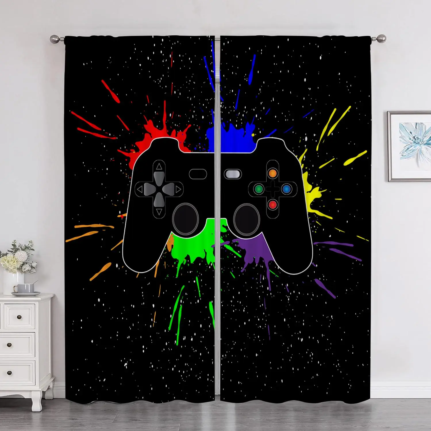 Game Controller Pattern Curtain, 2 Counts/set Modern Window Curtain, Fashionable Home Decor for Bedroom & Living Room & Study Room