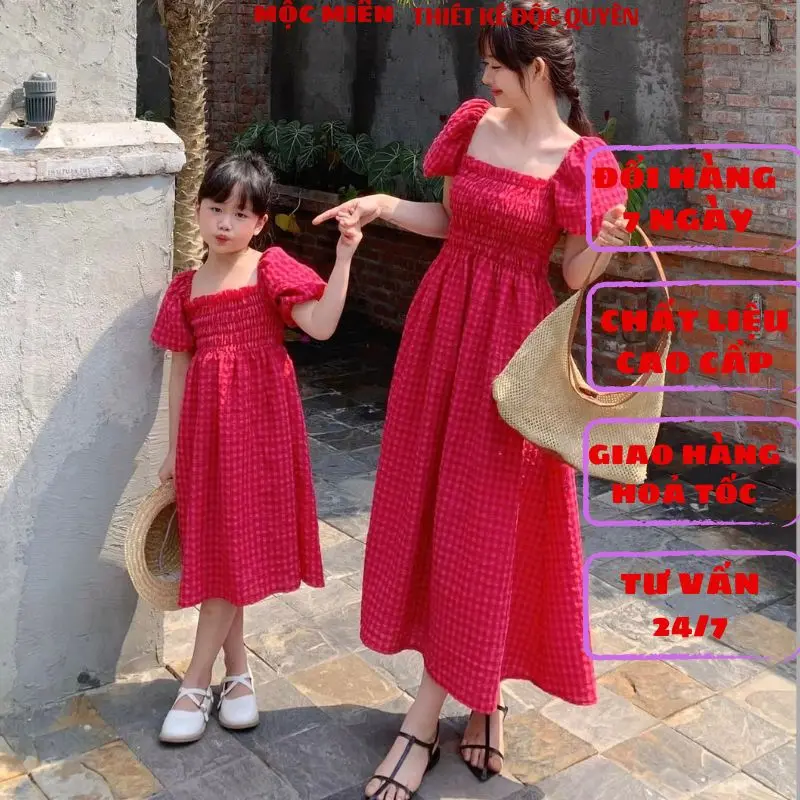 Đồ đôi mẹ bé gái maxi cổ vuông nhún ngực dáng dài chất liệu mềm mịn mát thích hợp cho mùa hè Áo Women