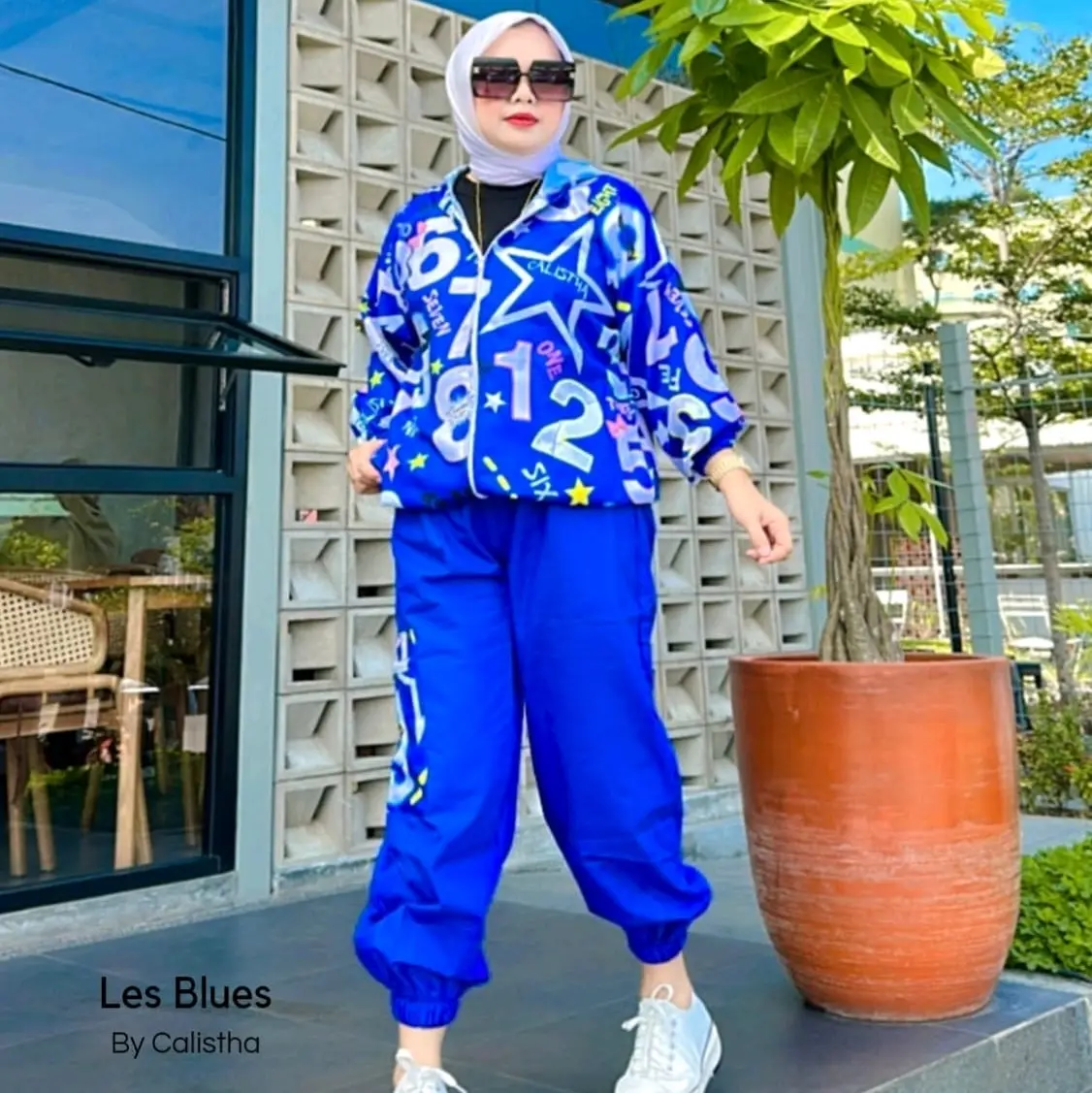 One set jaket Les_bluse olahraga  Printing by Calistha Celana hoodie Celana Muslim