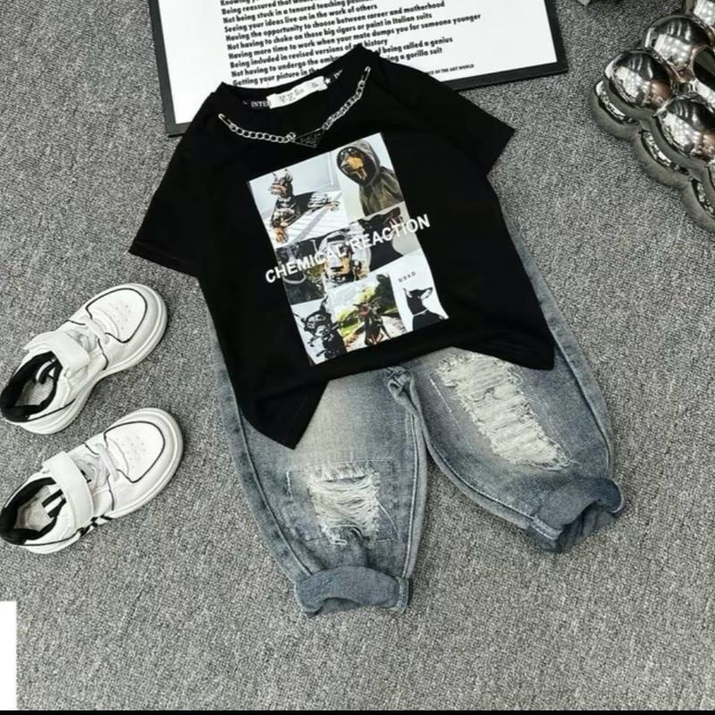 Set Bộ Quần Áo Cộc Tay Chú Chó Ngầu Chất Cotton, Quần Jean Cào Rách Cho Bé Trai 10-28kg ( Xả Rẻ)