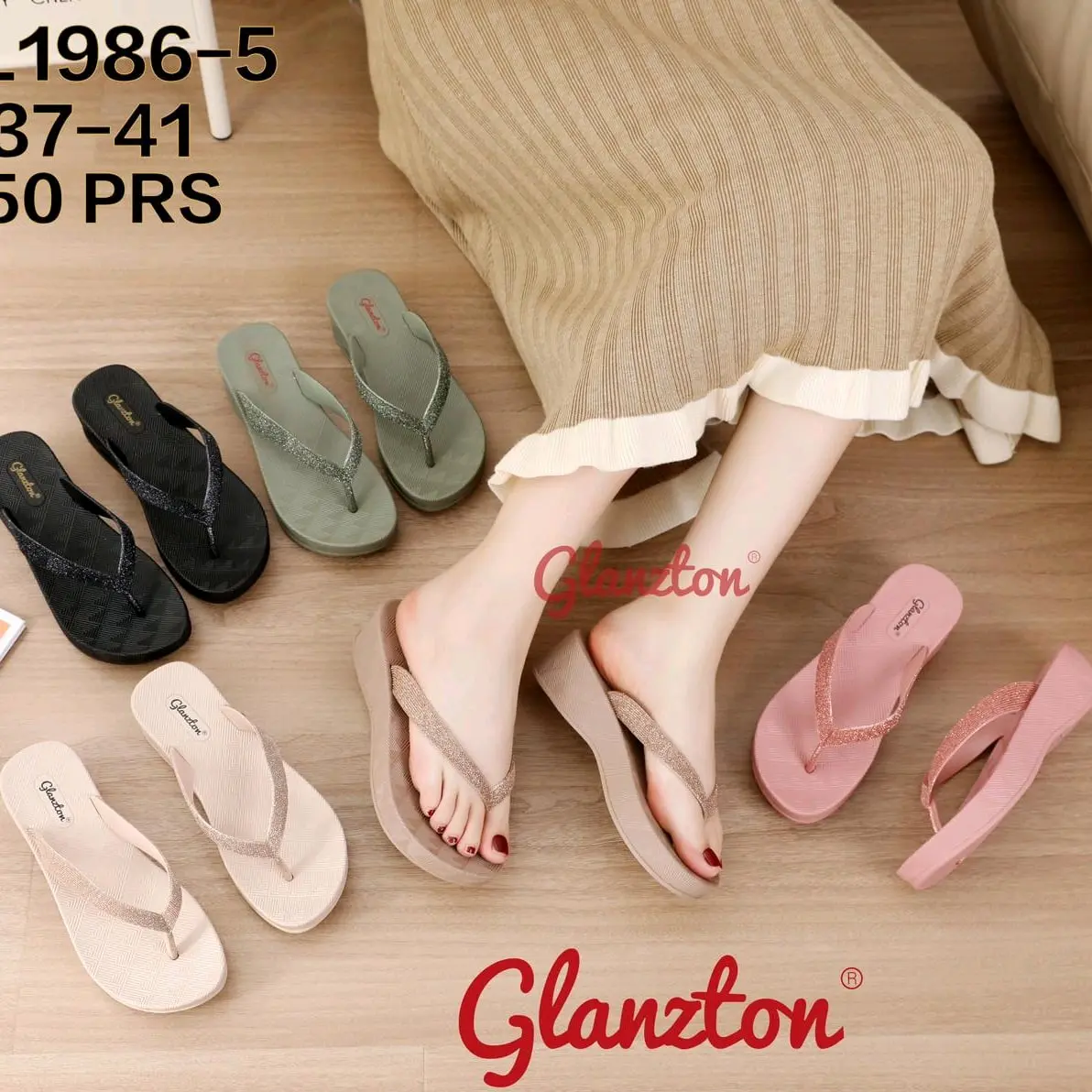Sandal Wedges Wanita Glitter Glanzton | SAndal Jepit Karet Cewek Jinjit Tali Gliter Premium | L1986-5 Round Toe