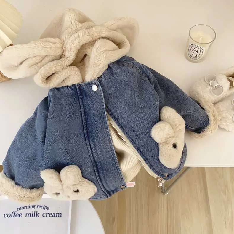 Áo Khoác Denim, Quần Áo Mùa Thu Và Mùa Đông Cho Bé Gái, Lót Lông Cừu, Áo Khoác Có Mũ Trùm Đầu Dày Dặn, Thích Hợp Cho Mùa Đông, Cho Trẻ Em Và Bé Gái, Hàng Đầu