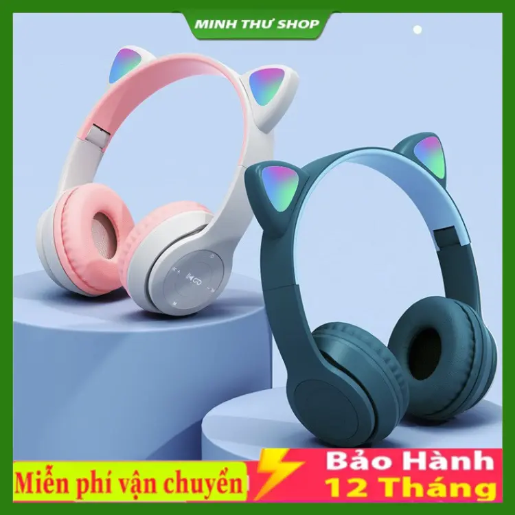 Tai Nghe Mèo Chụp Tai Bluetooth P47M, Tai Mèo Dễ Thương Có Mic, Âm Bass Mạnh Mẽ Bảo Hành 12 Tháng