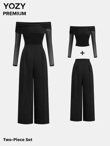 YOZY Women's Solid Off Shoulder Tee & Pocket Pants Set, Women Clothes for Spring & Fall