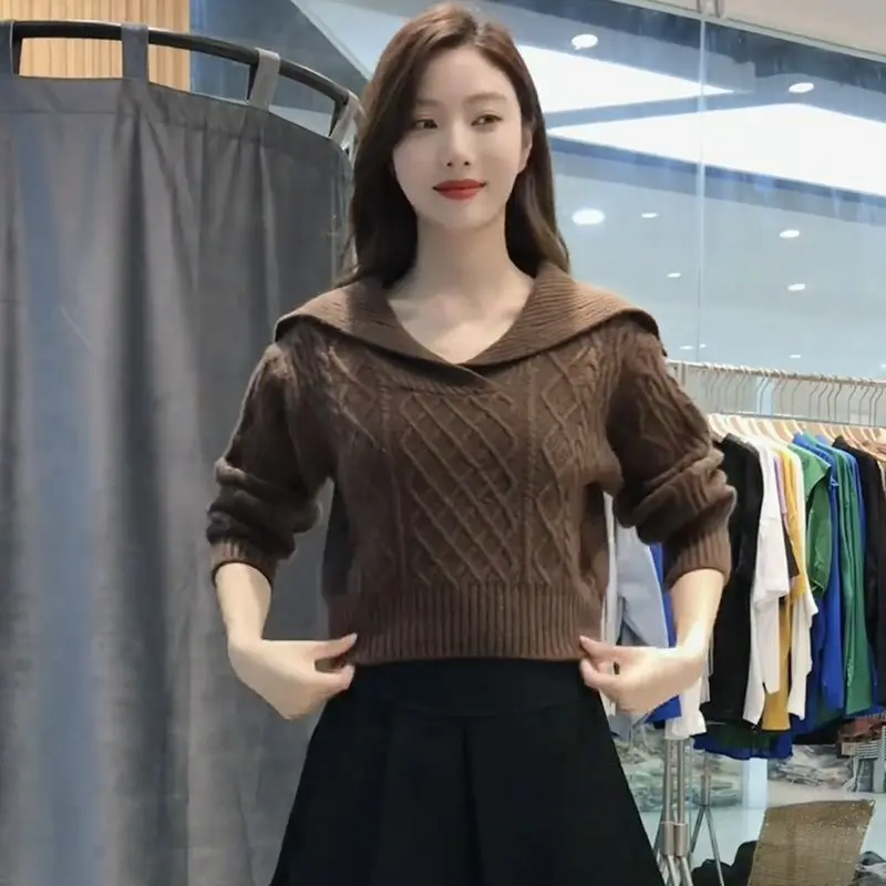 Trang Phục Nữ Dáng Rộng Vừa Vặn, Thời Trang, Áo Len Cổ Điển Cổ Bẻ Lớn, Cạp Cao, Ngắn, Nhỏ, Áo Dệt Kim Mềm Mại Và Nếp, Áo Dệt Kim, Dành Cho Nữ Women Top
