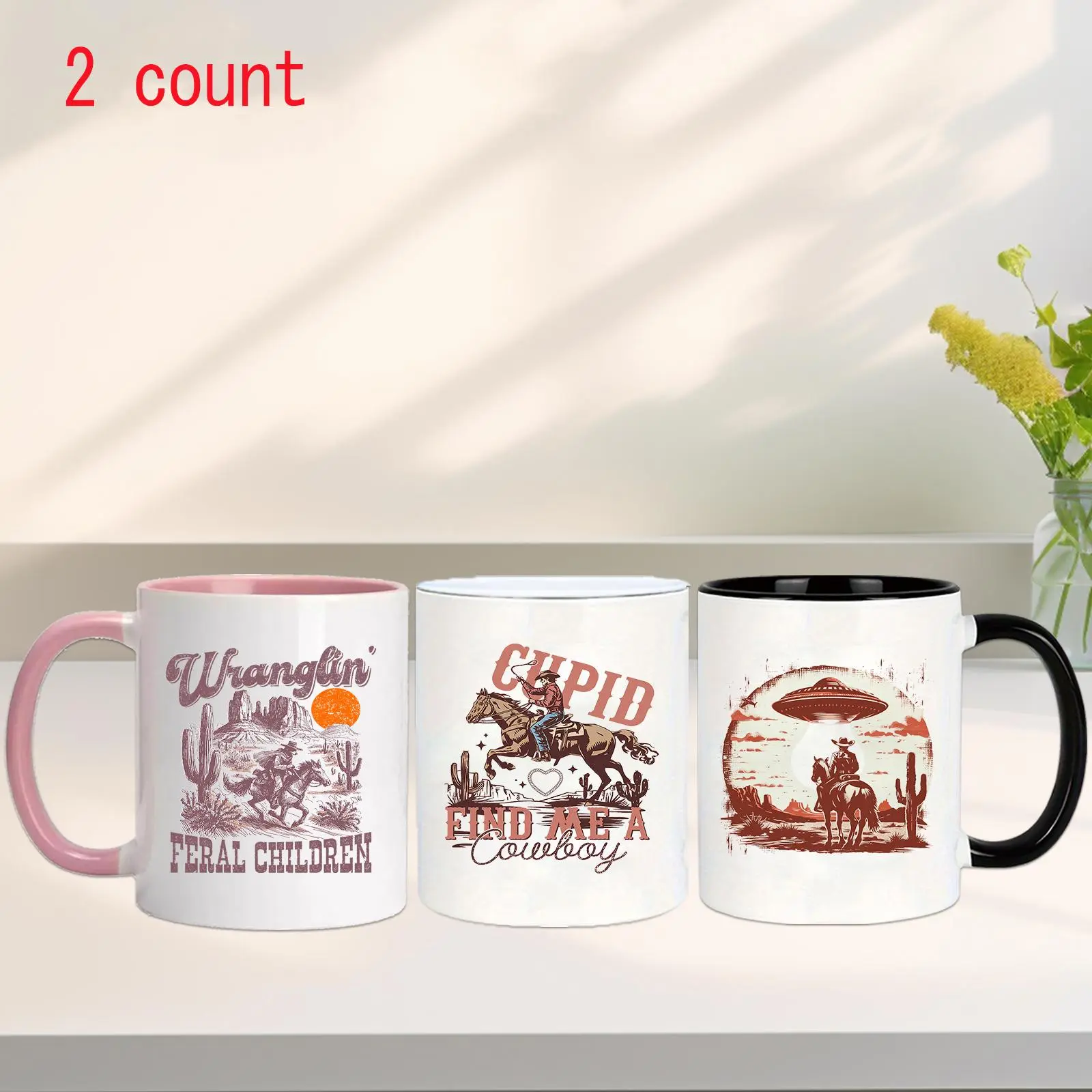 Cowboy Pattern Ceramic Mug, 2 Counts Western Style Coffee Mug, Heat Resistant Drinking Cup for Home Office Use, Gift for Friend