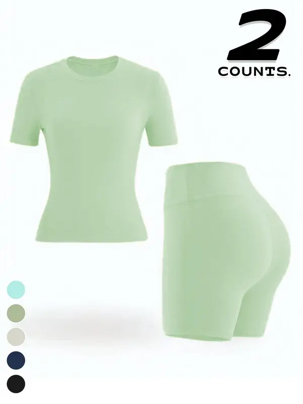 Two-piece Set Women's Solid Color Tee & High Waist Skinny Shorts Tracksuit Set, Sporty Casual Breathable Set for Yoga Gym Workout Running, Ladies Summer Sportswear, Activewear, Workout Sets Women 5