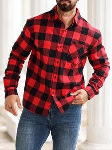 Men's Plaid Print Pocket Shirt, Regular Fit Casual Long Sleeve Button Up Top for All Seasons, Men's Clothes for Daily Wear