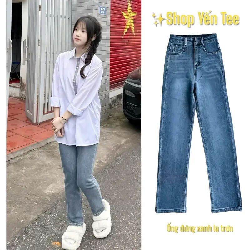 Quần jeans nữ ống đứng màu xanh lạ , chất jeans cao cấp