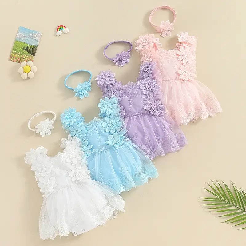 0-18Months Baby Girls Romper, Summer Sleeveless Square Neck Floral Lace Casual Party Street Bodysuit Tops + Head Band Bayi Bayi