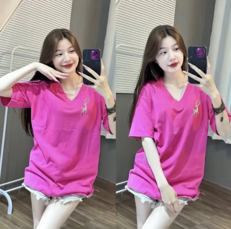 [Mua 3 áo tặng 1 áo] Áo Phông Cổ Tim thêu hươu Form Rộng Tay Lỡ Cotton Khô 1358 QC 2
