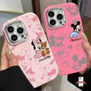 Tren merek pasangan lucu Mickey Minnie Mouse cocok untuk Iphone 11 15 Pro Max 8 7 Plus XR X XS Max 15 Pro Max 13 14 15 Pro 12 14 13 Pro Max mewah plat lensa logam lembut Cover Tpu