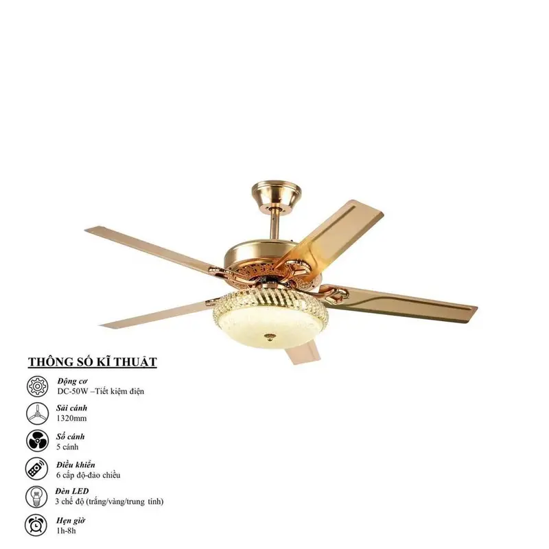 Quạt Trần Đèn gắn pha lê  , Sải Cánh 1m32, Công Suất 40w Chạy Êm Ái Với 6 Chế Độ Gió  Và 3 Chế Độ Ánh Sáng 7