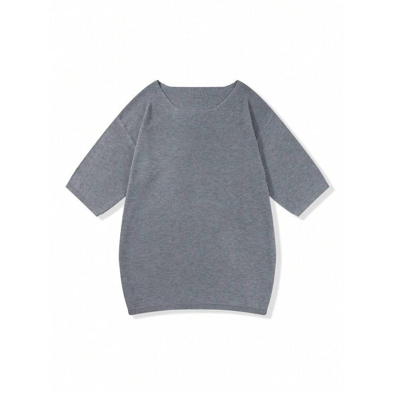 Men's Solid Color Round Neck Loose Fit Knitted Short Sleeve Top Knitwear Menswear Beige Crewneck Plain Tropical Knife Grey 3