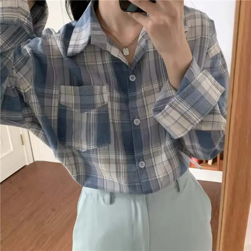 Kemeja Kotak-kotak Biru / Kemeja Wanita Lengan Panjang korean style Atasan Linen Casual Oversize 4