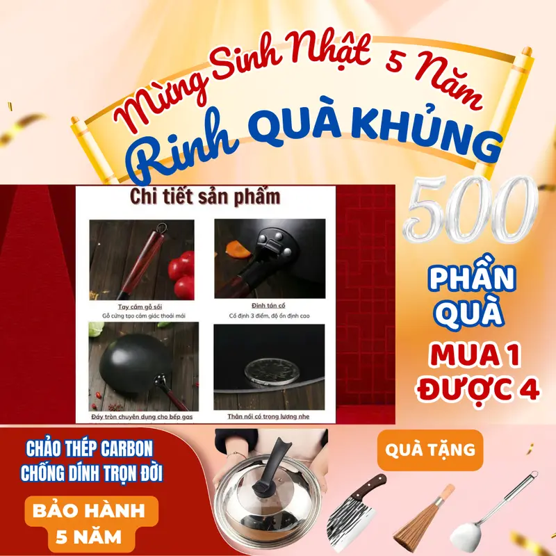 Đáy Tròn Chảo Thép Carbon  32cm Chống Dính - Tặng Dao Chổi Xẻng và Vung.. 4