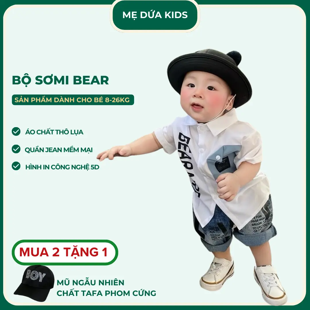 Bộ sơ mi BEAR cho bé 8-26kg áo sơ mi chất thô lụa kèm quần jean mềm cho bé đi học đi chơi