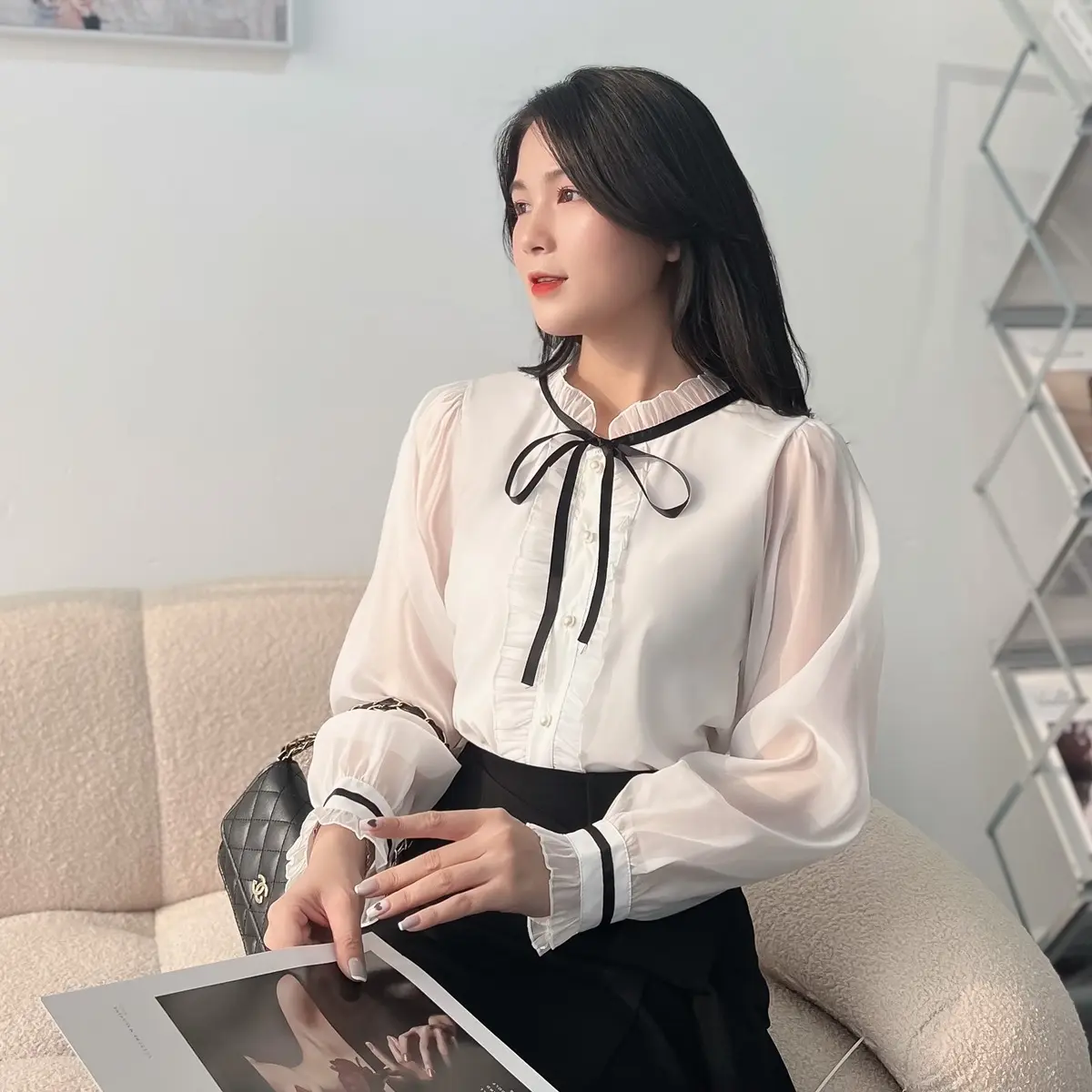 Áo Sơ Mi Nữ Tay Dài Cổ Tròn Thắt Nơ Thân Bèo Xinh Phong Cách Hàn Quốc Cho Nữ -