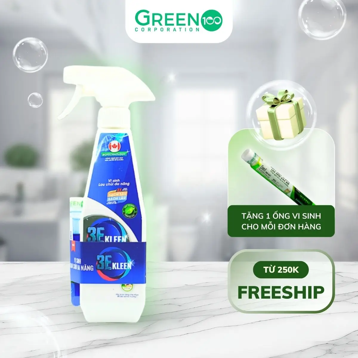 Bộ Vi Sinh Lau Chùi Đa Năng 3E Kleen Làm Sạch Bề Mặt Bàn Gương Ngăn Mùi (1 Chai 500ml + 1 Ống 5ml)