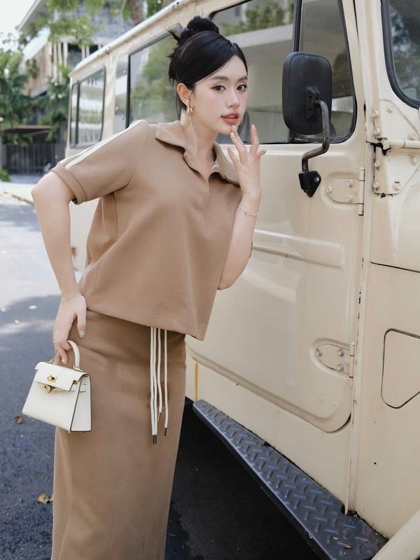 SET ÁO POLO SỌC VIỀN TAY CHÂN VÁY DÀI / COMIN SET - 24G239