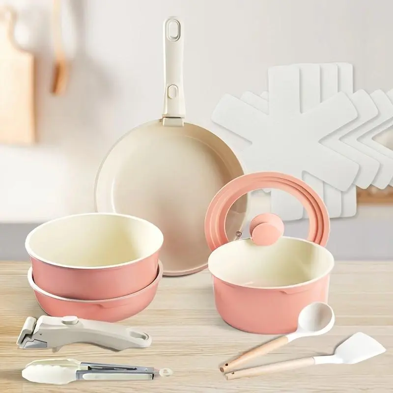 Cookware Set, 14pcs/set Including Pot & Pan & Bowl & Spatula & Spoon & Tongs & Whisk & Scraper & Storage Rack, Kitchen Cooking Utensils Set