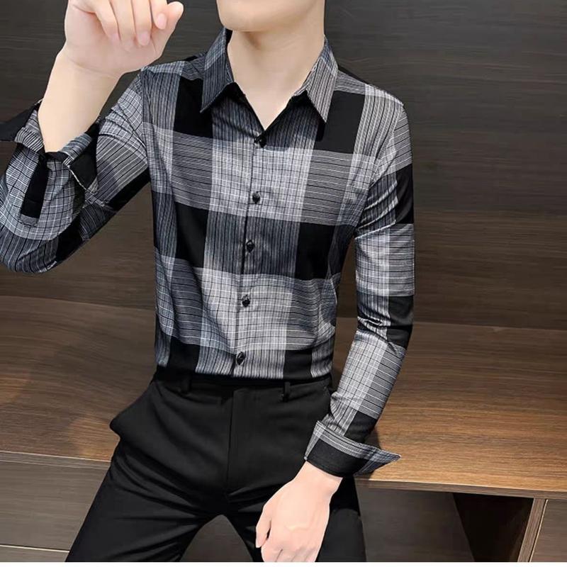 Áo Sơ Mi Kẻ Sọc Nam, Hàng Mới Về Mùa Thu, Áo Sơ Mi Dài Tay Cao Cấp Thường Ngày Phong Cách Hợp Xu hướng Ruoshuai, Ôm Sát, Quần Áo Nam 3