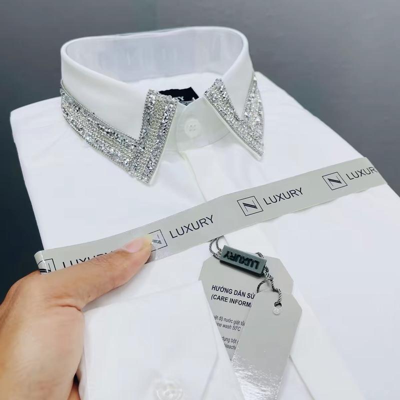 Sơ Mi thiết Kế Đính Đá Cổ Áo Menswear Nam Kem Shirt 0
