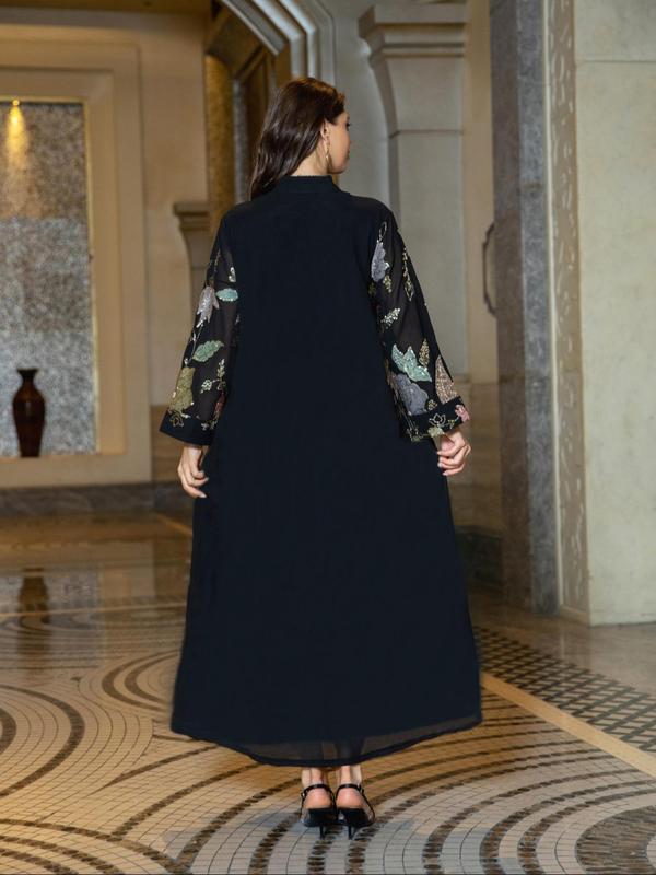 Arabic Clothing-Floral Contrast Sequin Fringe decor Notched Dress, Elegant Long Sleeve Arabian Dress for Women, Muslim Fashion for Party Holiday Vacation 1