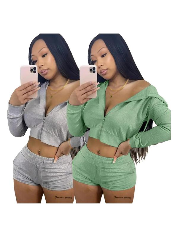 Two-Piece Set Women's Solid Zip Up Crop Hoodie & Drawstring Waist Shorts Set, Long Sleeve Cropped Hooded Top & Pocket Track Shorts, Casual Spring & Fall Clothes for Outdoor 7