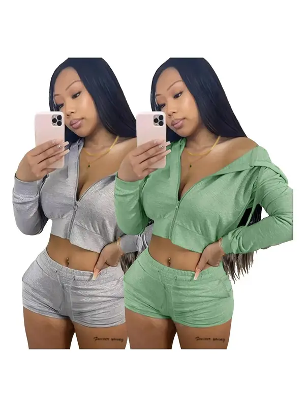 Two-Piece Set Women's Solid Zip Up Crop Hoodie & Drawstring Waist Shorts Set, Long Sleeve Cropped Hooded Top & Pocket Track Shorts, Casual Spring & Fall Clothes for Outdoor 7