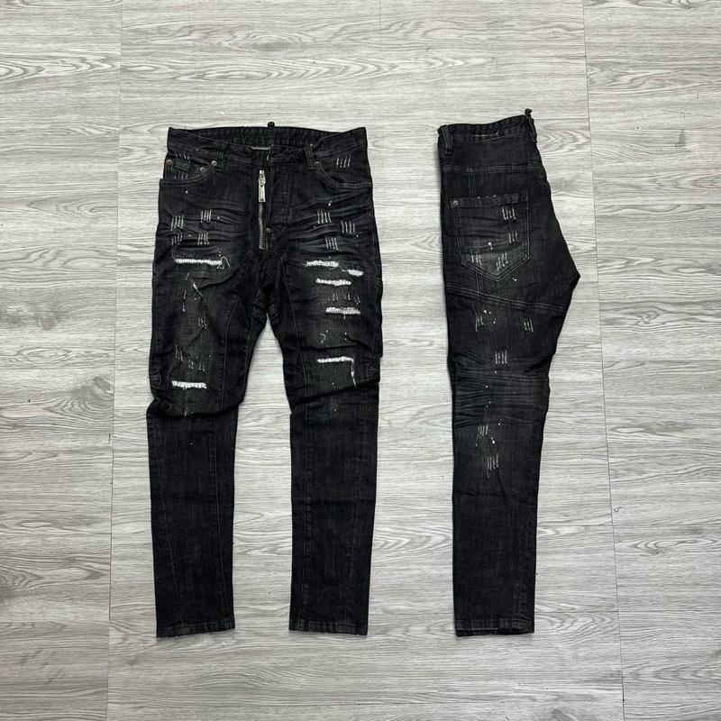 QUẦN JEAN NAM MÃ D2-06 ĐEN XÁM DÁNG BIKER RÁCH VẨY SƠN 4 CÚC , BÒ DÀI CAO CẤP , CO DÃN , PHOM ÔM CHÂN D-S-Q ,  Có Túi
