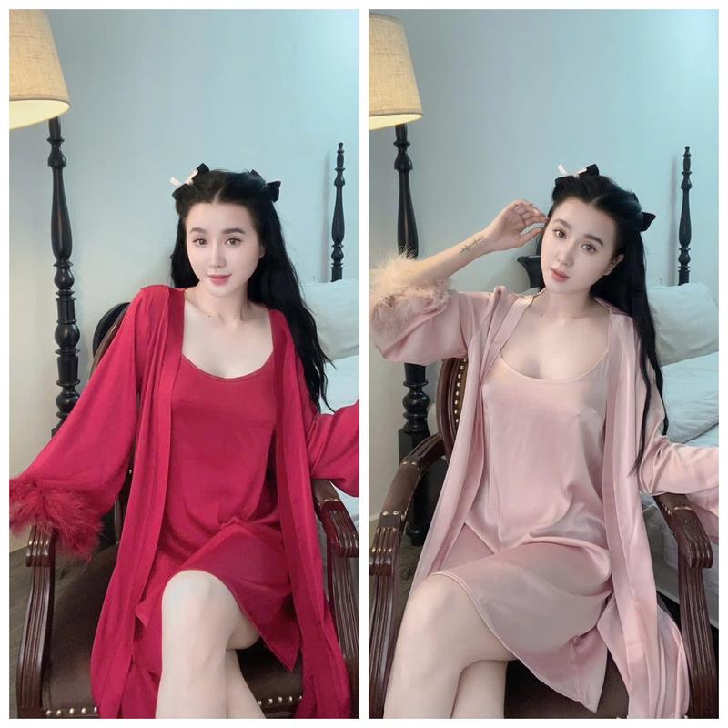 Product Introduction of Set Đầm Ngủ 2 Dây Kèm Áo Choàng Phối Lông Chất Lụa Latin Mềm Mịn Free Size 40-58kg Nữ Women 1
