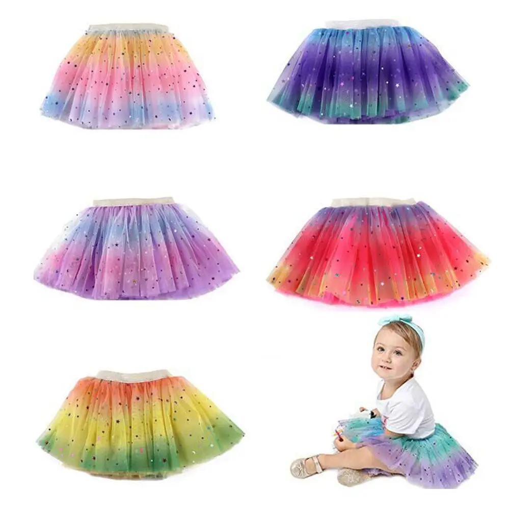 Girls Casual Short Yarn Skirt, Rainbow Assorted Color Multi-layer Elastic Waist Dress, Pink/ Yellow/ Purple/ Light Purple/ Rosy