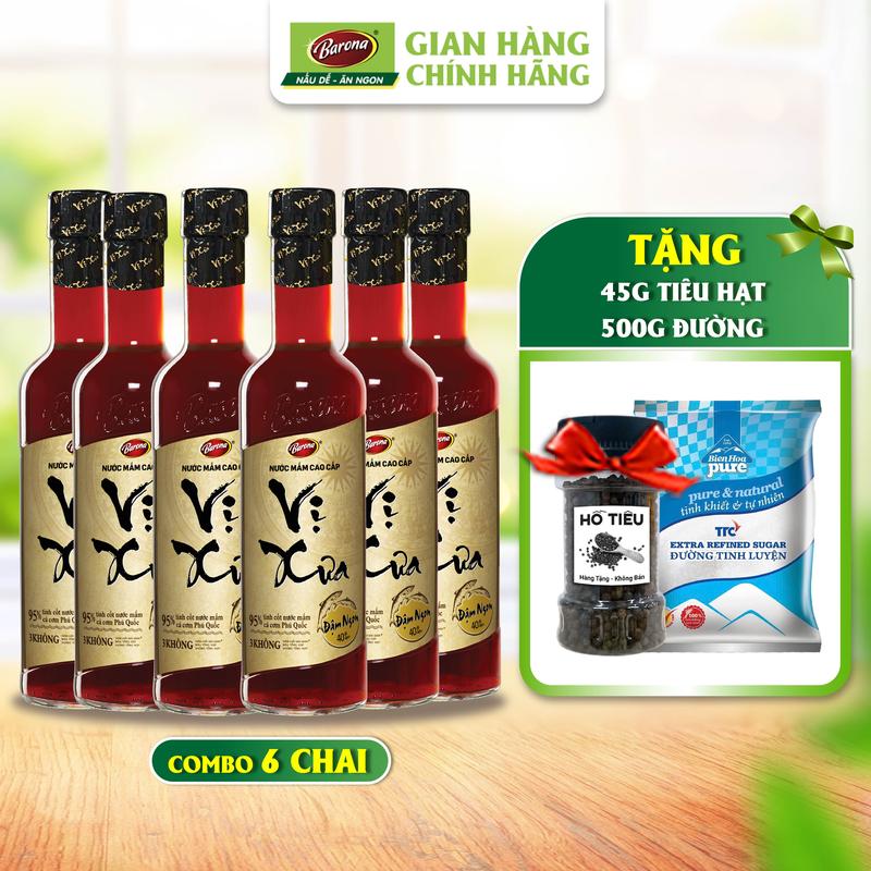 Nước Mắm Phú Quốc Cao Cấp Vị Xưa Barona 40 độ đạm 1 Thùng (6 chai x 500ml) [tặng 500g đường và 45g tiêu hạt]