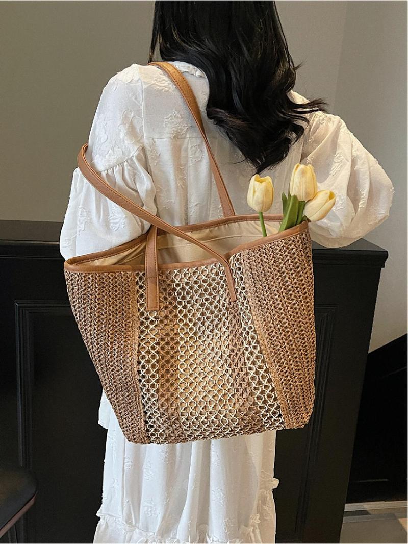 Product Introduction of Women's Fashionable Colorblock Straw Bag, Large Capacity Shoulder Bag for Women & Girls, Casual Trendy Versatile High-quality Daily Commuting Bag, Girl Fashionable Shopping Bag 2