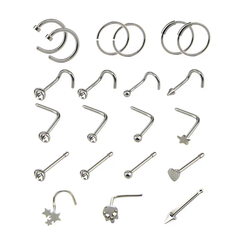 21Pcs/Set  Nose Hoop Ring Bone Bar Pin Cartilage Piercing Studs