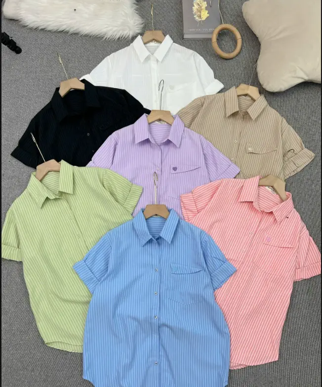 Áo Sơ Mi Tay Ngắn Gập Gấu Cotton Lụa Mềm Mại, Sơ Mi Nữ Kẻ Sọc Form Vừa Nhiều Màu Dễ Phối Đồ