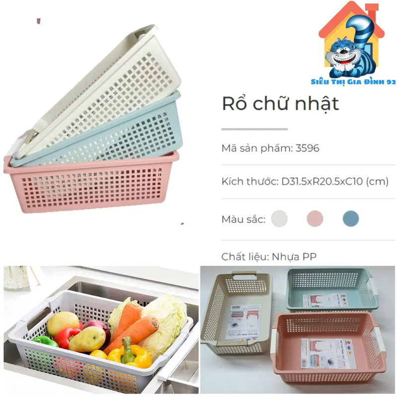 Rổ nhựa chữ nhật dài có quai cầm Việt Nhật 3596 size nhỏ,Khay chữ đựng bút viết văn phòng phẩm, đựng rau củ quả bền dẹp 0