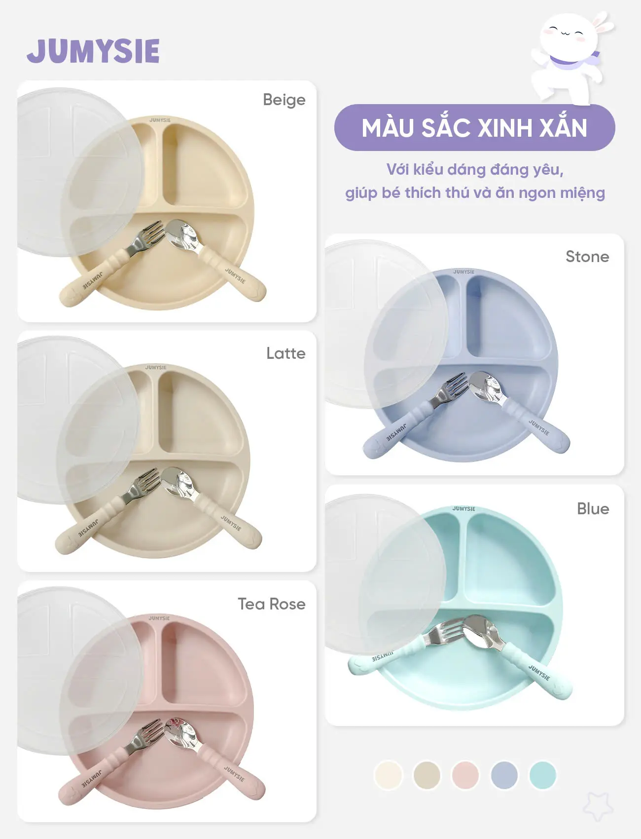 Set Ăn Dặm Jumysie Silicone Cao Cấp - Khay Ăn Dặm Chia 3 Ngăn Có Nắp, Thìa Dĩa Vừa Vặn, Dễ Vệ Sinh phân loại 4