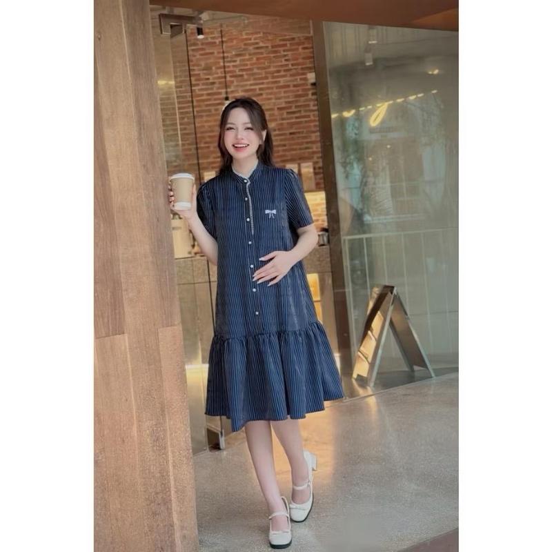 Váy Đầm Bầu Công Sở Cổ Tàu Phối Ren Cách Điệu Thiết Kế Joamom JVB0061