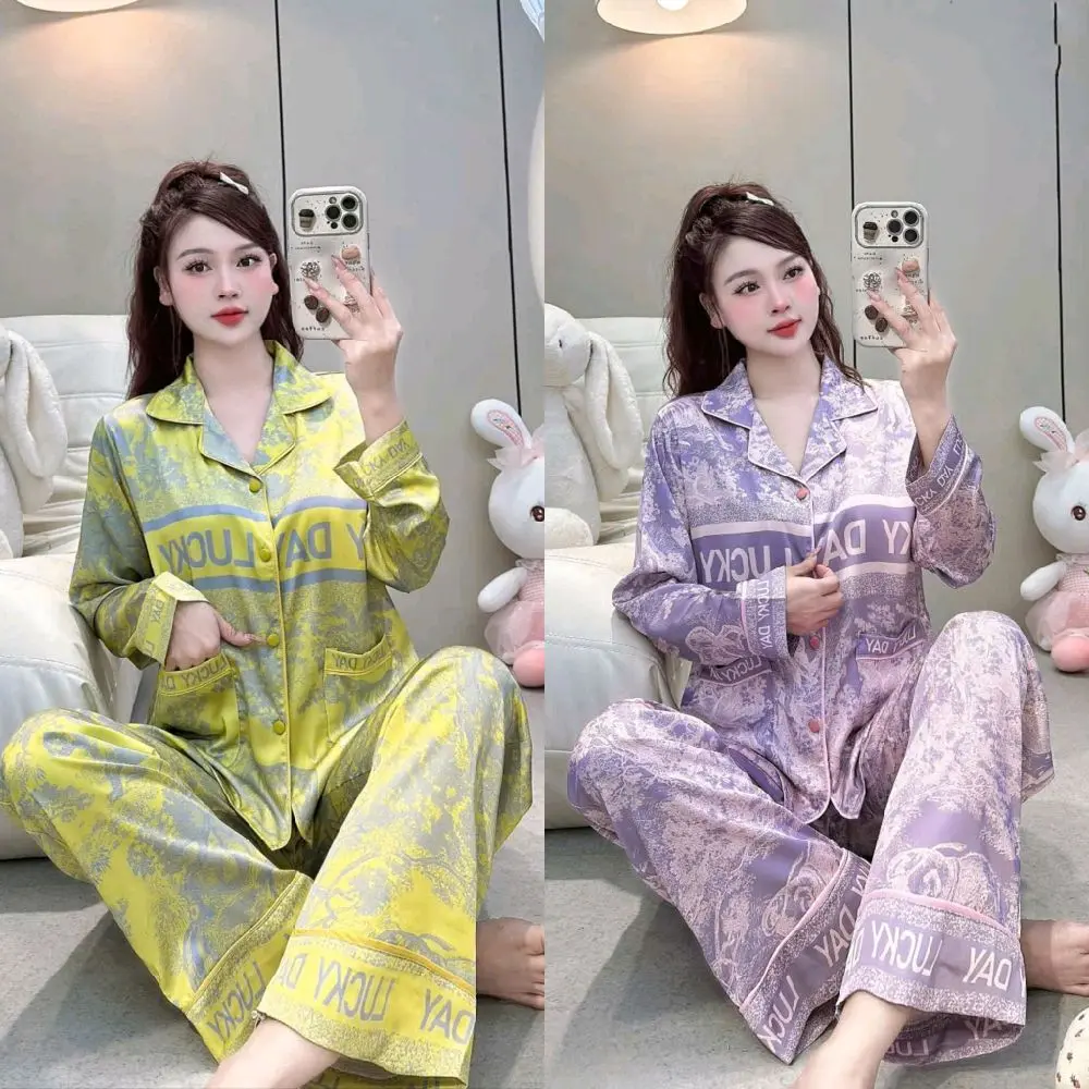 LATIN-12: Bộ Đồ Pijama Latin (LụaMịn) Có Size Từ 40-75kg ,Vải Mềm Mát - Mẫu Rừng ,LucKy Day,  Áo Hai Túi Nút Bọc- Quần Dài Tay Áo Dài Cho Nữ Mặc Bốn Mùa