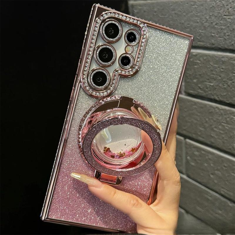 Product Introduction of Rhinestone Decor Phone Case with Ring Holder, 1 Count Magnetic Phone Protective Cover, Phone Accessories Compatible with Samsung Series 1