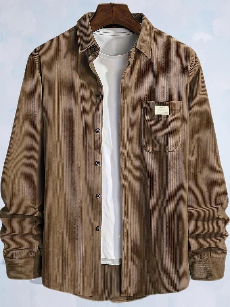 Product Introduction of Men's Plain Letter Patched Corduroy Jacket without Tee, Casual Button Front Pocket Jacket for Fall & Winter, Men's Outerwear for Daily Wear, Coat 6