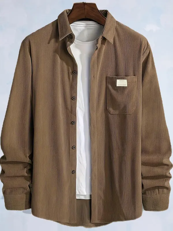 Men's Plain Letter Patched Corduroy Jacket without Tee, Casual Button Front Pocket Jacket for Fall & Winter, Men's Outerwear for Daily Wear, Coat 4