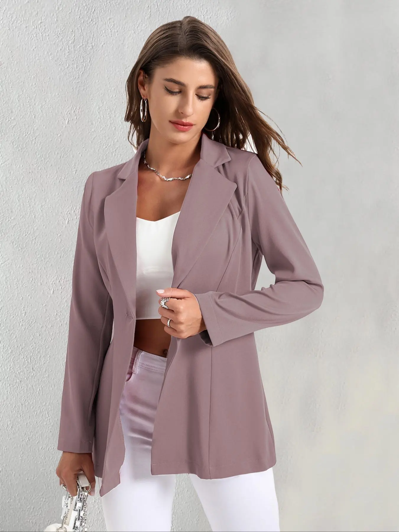 Women's Chic Solid Button Front Long Sleeve Collar Blazer, Womenswear Coats Tops, Lady Minimalist Comfort Basic Elegant Lapel Neck Outerwear for Work