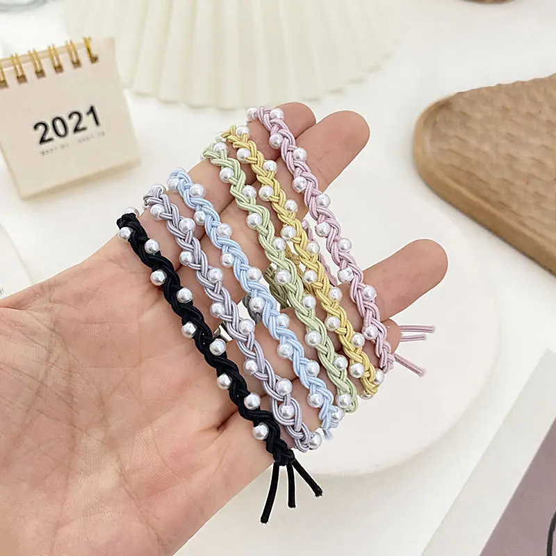 Pearl Bracelet Hair Circle, Candy Colored Rubber Band, Three Thread Braided Headdress, Girl's Hair Accessories