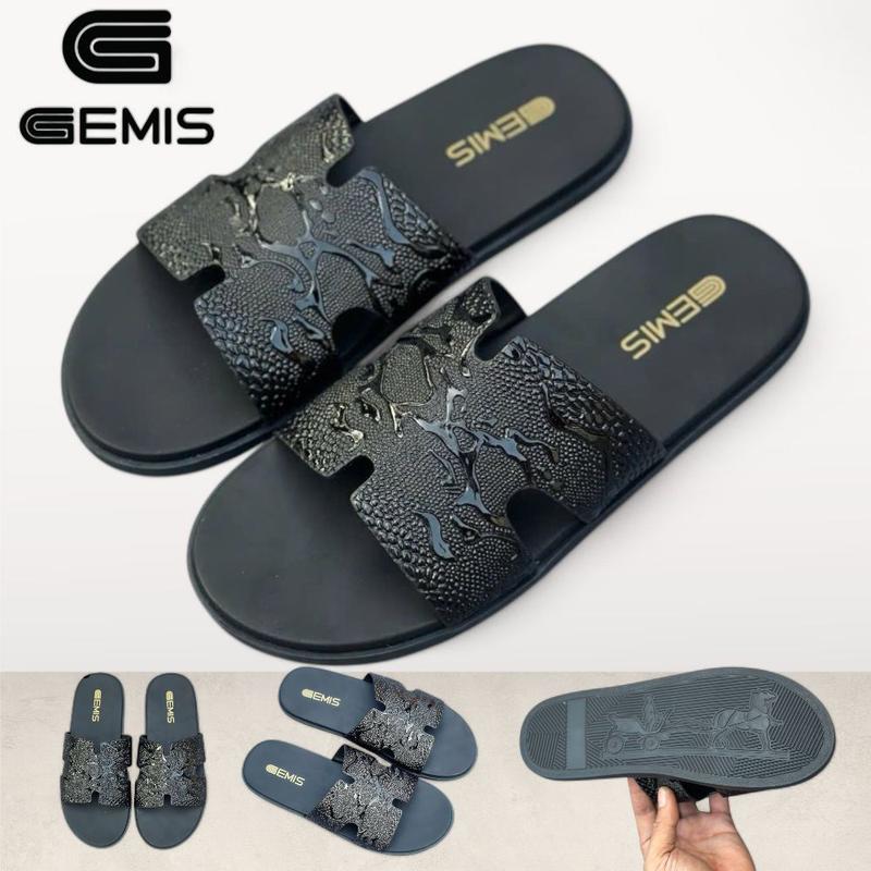 Khâu Đế có Hộp Dép Lê nam Chữ H Fun đen Vân 3D quai ngang da xít đế cao su khâu quai chắc chắn Đế Bằng Nhung Slipper GEMIS