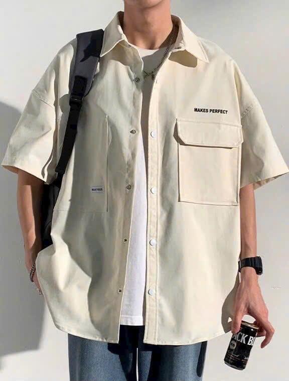   CÓ BIG SIZE ĐẾN 105KG  Áo Sơ mi KAKI JAMINE CHIC Nam Nữ  thêu MAKES tay ngắn Retro cổ điển phong cách trẻ trung Unisex Menswear Có Cổ Kem Trắng Shirt 