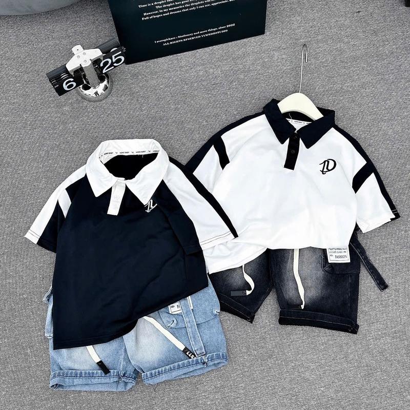 Bộ Hè 2025 Bé Trai - Sét Bộ POLO  Cộc Boy Phố Áo Tay Ngắn Quần Bò - Phong Cách boy phố Cho Bé Trai - Kiểu Dáng hàn quốc Fom Chuẩn - Quần Bò Bé Trai Kích Cỡ Vừa Lớn