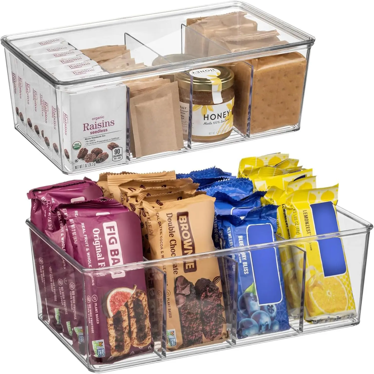 Clear Food Storage Box, 2 Counts Kitchen Food Storage Container with Removable Divider, Pantry Organizer for Snack, Candy, Spice Packets